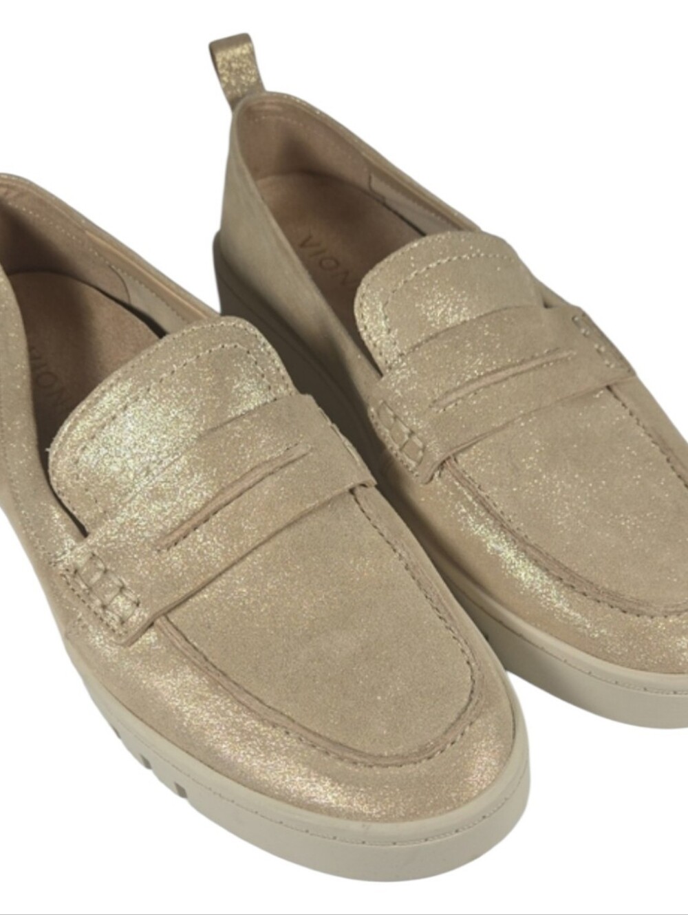 Vionic Uptown Penny Loafer 8 Light Gold Metallic Slip On Flats Comfort Suede